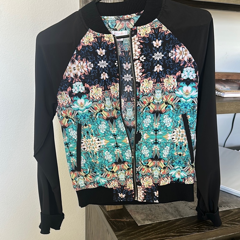 Xhilaration Black and Green Bomber Jacket with Ribbed Details